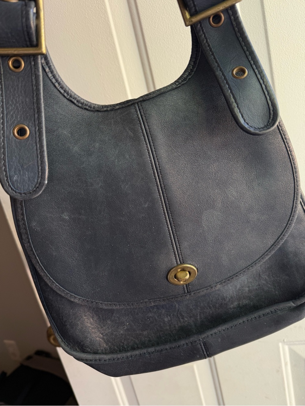 rare Vintage navy Leather Shoulder Bag with old gold Buckles